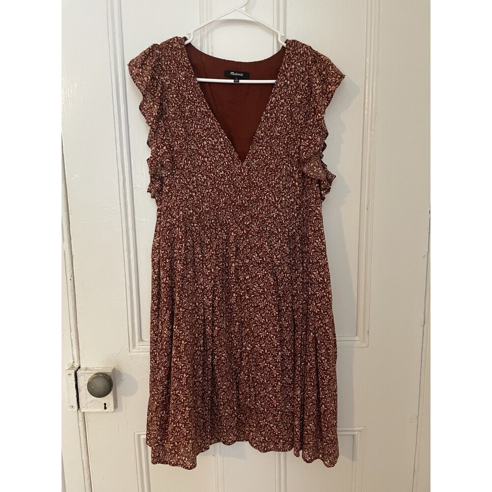 Madewell Floral Mini Dress S Brown Burgundy V-Neck Flutter Ruffle Sleeves